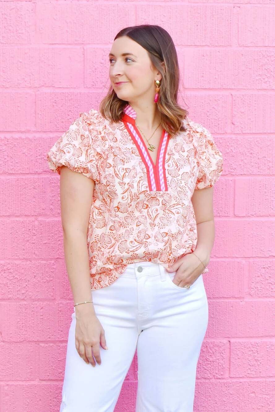 Entro Blouse Large Orange Floral Pink Gingham Collar Popover